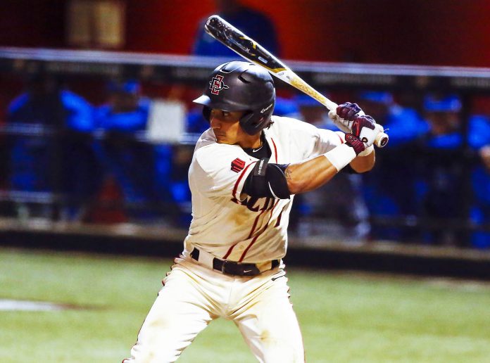SDSU center fielder Julian Escobedo bats in the fifth inning against UC Santa Barbara.