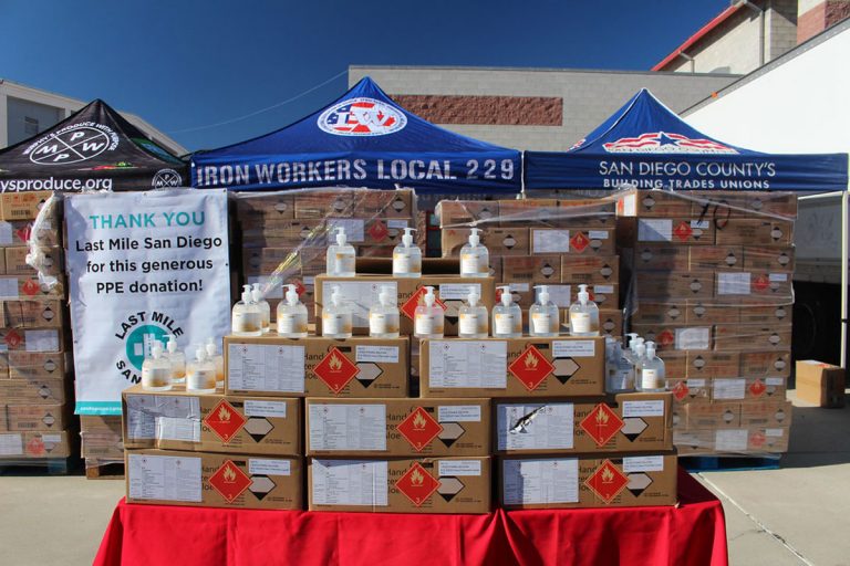 Bottles of sanitizer rolled out by the pallet in National City